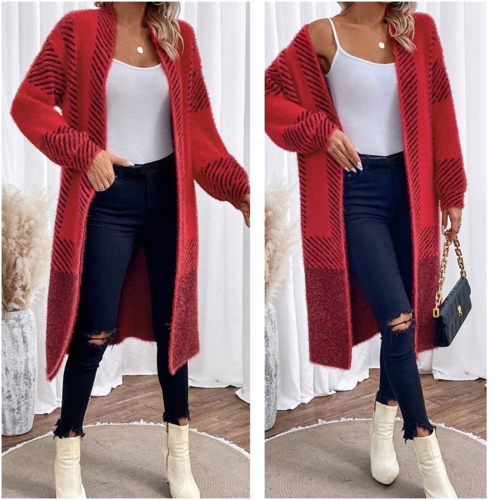 Cozy Color Block Stripes Fuzzy Open Front Cardigan - Picture 4 of 7